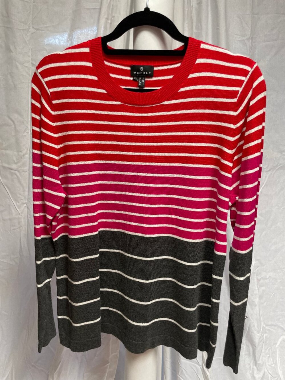 Marble Red Pink Grey Striped Long Sleeve Crewneck Sweater Size L